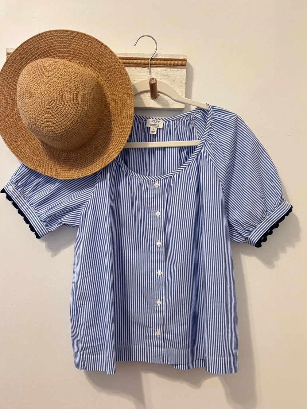 NWOT J Crew Women's Blue Stripe Button-Front Puff Sleeve Top